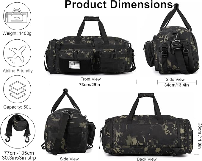 LHI 50L Tactical Duffle Bag for Men, 3-in-1 Gym Duffle and Backpack, Shoe Compartment, Laptop Sleeve and MOLLE, Carry-On Travel Weekender and Overnight Bag – Black CP Camo