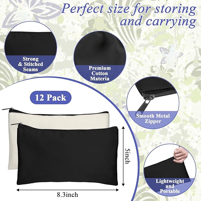Legigo Blank Canvas Bag Zipper Pouch Makeup Bags Bulk - Multi-Purpose Canvas Pencil Pouch with Sturdy Zipper, Cosmetic Bag Travel Toiletry Bag for DIY Craft Projects, Storage (8.3 x 5 inches)