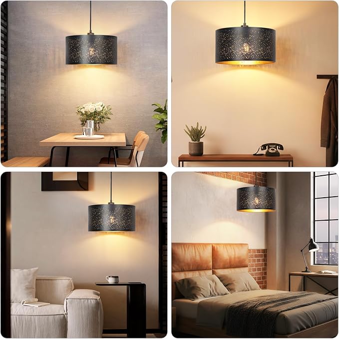 Qingmiao Boho Plug in Pendant Light, Black Shade, 3 Way Bulb, 14ft Cord | Hanging Lamp Plug in, 3-Way Dimmable Hanging Light Fixture for Living Room Bedroom Kitchen Ceiling Home Decor