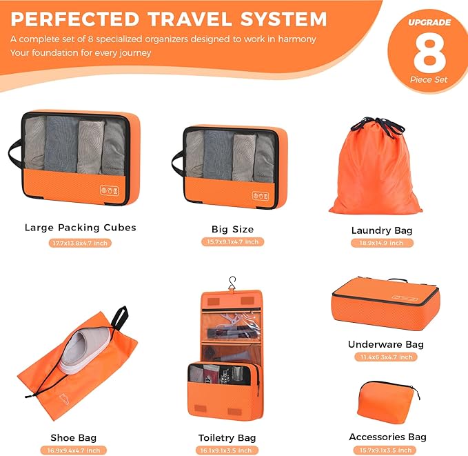 8-Piece Compression Packing Cubes for Travel, Bright & Lightweight Luggage Organizer System for Outdoor Travel & Adventure, Space Save for Backpack, Duffel Bag & Suitcase- Orange