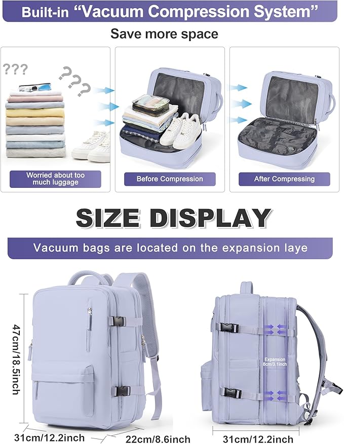 VGCUB Vacuum Backpack Travel with Pump Vacpack System Storage Compression Carry on Work Laptop Waterproof College Bags Casual Daypack Backpacks for Women Men with USB Port Expandable Purple Taro