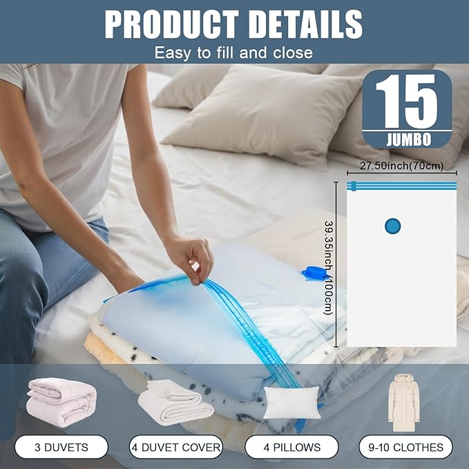 15 Jumbo Vacuum Storage Bags, Vacuum Seal Bags for Clothing Space Saver Compression Storage Bag with Hand Pump Extra Large for Clothing Travel Comforters Blankets Pillow Bedding Duvets Clothes