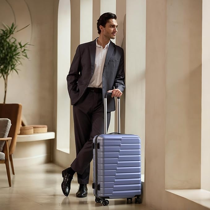 Coolife Medium Checked Luggage with Spinner Wheels Hardside Suitcase TSA Lock Telescopic Handle(Blue)