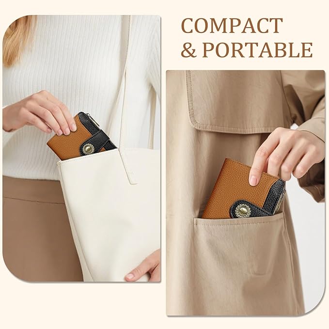 Icycay Small Wallet Women RFID Blocking Bifold, Credit Card Holder, Zipper Coin Pocket, PU Leather, Compact, Travel, 4 ID Window, 14 Card Slots, Cash Purse, Ladies Woman Female Girls