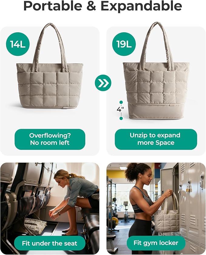 BAGSMART Expandable Tote Bag for Women, Puffer Work Tote Handbag, Quilted Carry On Bag for Travel Gym