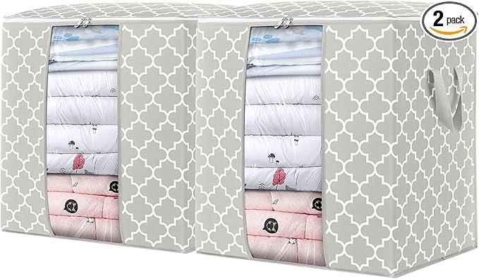 WISELIFE Storage Bags 2 Pack/100L Large Blanket Clothes Organization and Storage Containers for Comforters,Bedding, Foldable Organizer with Reinforced Handle, Clear Window, Sturdy Zippers,Lvory