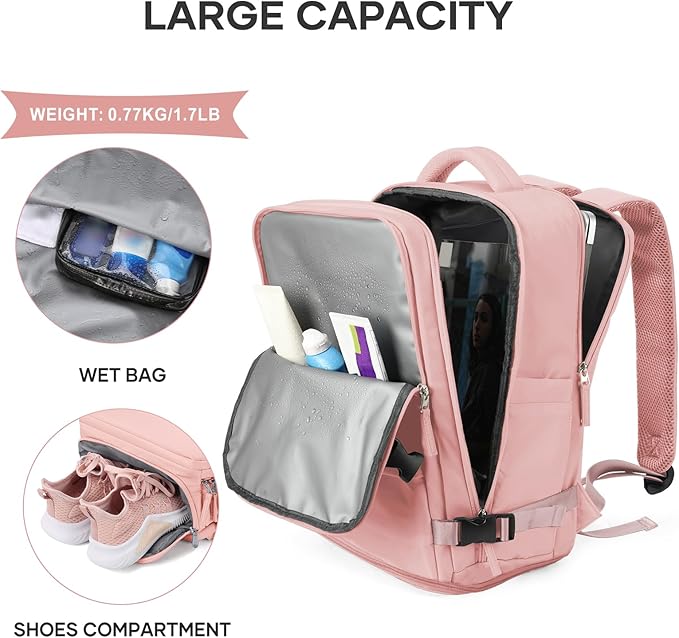 coowoz Large Travel Backpack For Women Men,Carry On Backpack,Hiking Backpack Waterproof Outdoor Sports Rucksack Casual Daypack Travel Essentials Pink