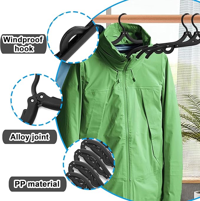 12 PCS Travel Hangers,Portable Folding Clothes Hangers Travel Accessories,Foldable Drying Rack,Black Non Slip Clothing Hangers with Clotheslines
