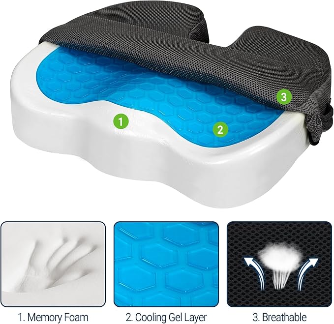 Season Guard Tailbone Pain Relief Office Chair Seat Cushion, Memory Foam Gel Seat Cushion for Sciatica Pain Relief with Washable Cover, Butt Cushion for Long Sitting, Mesh, Black