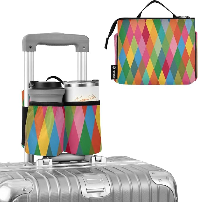 Luggage Cup Holder for Suitcases Free Hands Travel Cup Holder Portable Suitcase Cup Drink Holder Luggage Cup Caddy Bag Carrier Pink Green Argyle