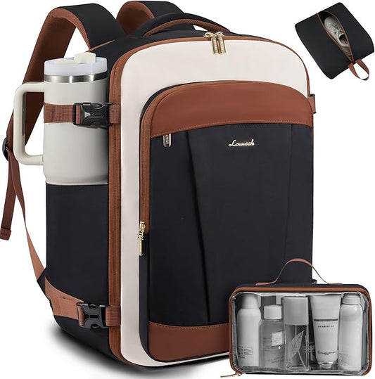 LOVEVOOK 50L Travel Backpack for Women & Men, Airline Approved Carry On Backpack, TSA Personal Item Bag fits 18.0 Inch Laptop, Waterproof Weekender Overnight Bags Suitcase for Work, Black-Brown-Beige