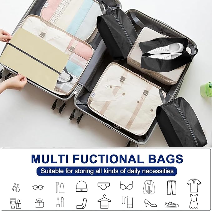 5Pcs Large Travel Shoe Bags Portable Travel Gifts Shoe Organizer with Zipper Closure, Waterproof Nylon Shoe Storage Organizer with Handle Travel Bags For Men and Women, Beige