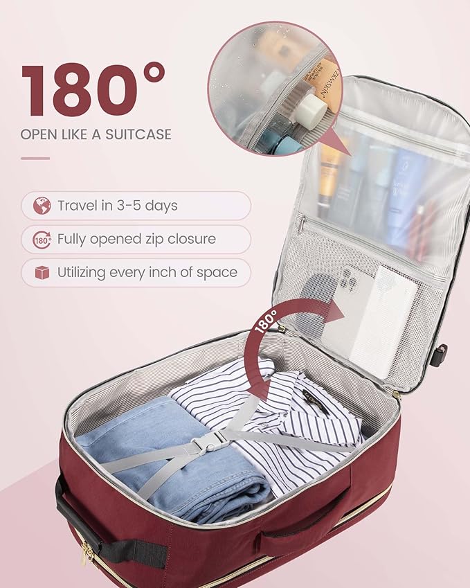 LOVEVOOK Travel Backpack for Women & Men 40L,Airline Approved Carry On Backpack Travel Essentials,TSA Carry on Luggage,Waterproof Personal Item Travel Bag,Suitcase with 3 Packing Cubes,Wine red-Black