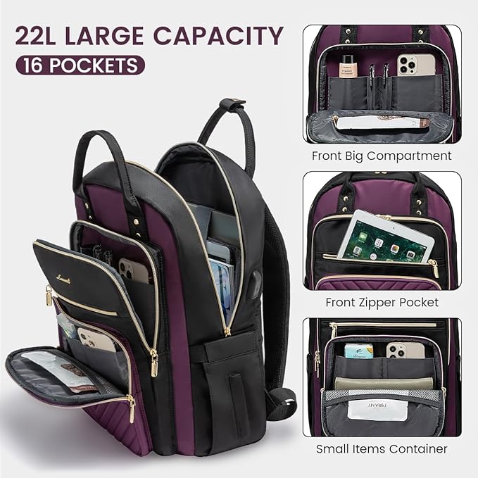 LOVEVOOK Laptop Backpack for Women, Water Resistant Travel Work Backpacks Purse Stylish Business Teacher Nurse Computer Bag with USB Charging Port, Fits 15.6" Laptop