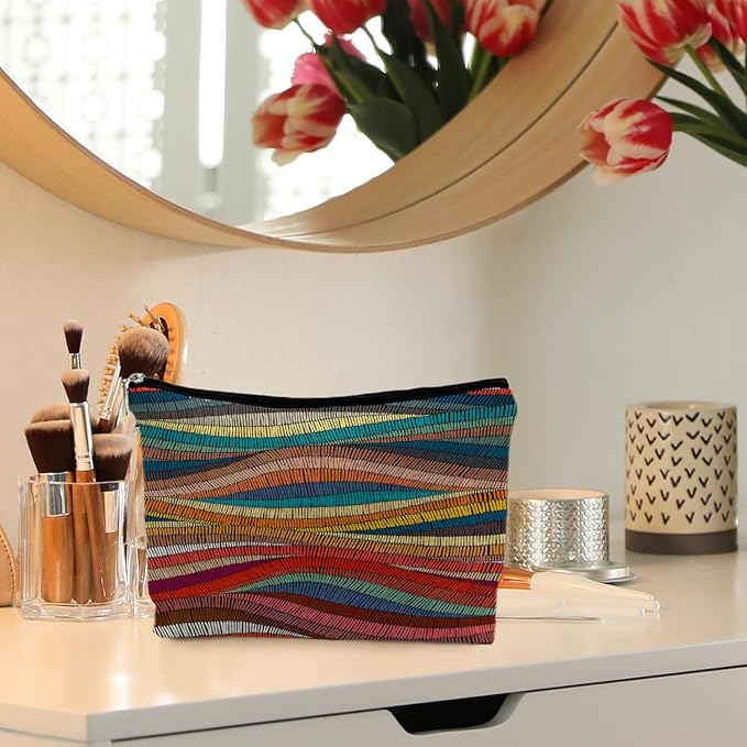 70s Retro Colorful Wavy Makeup Organizer, Vintage Aesthetic Women's Makeup Bag