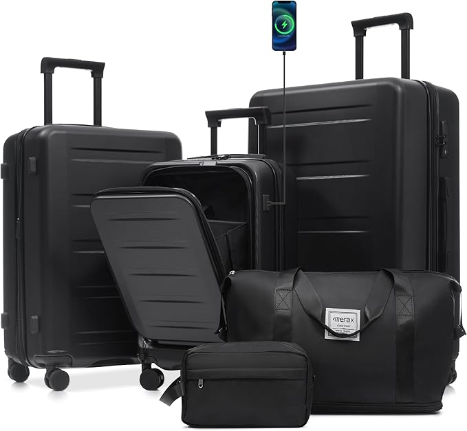 Merax Luggage Sets 5 Piece Front Open, Hardside 20" Carry On Suitcase Set with USB Port,Lightweight Expandable Travel 24" 28" Luggage with Bags TSA Locks Double Spinner Wheels,Black