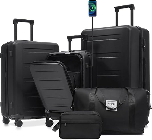 Merax Luggage Sets 5 Piece Front Open, Hardside 20" Carry On Suitcase Set with USB Port,Lightweight Expandable Travel 24" 28" Luggage with Bags TSA Locks Double Spinner Wheels,Black
