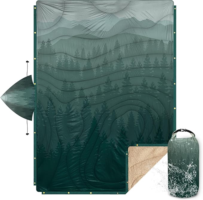 Outdoor Camping Blanket with Sherpa Lining, Extra Warm Thick Camp Blankets and Puffy Ultralight Soft Poncho DWR Camping Quilt for Cold Weather, Adventure, Sleeping, Backpacking 78"x 56"