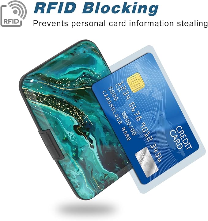 Credit Card Holder, Mini Aluminum Card Wallet RFID Blocking Slim Metal Hard Card Case for Women Men, Ocean Marble