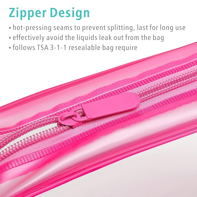 F-color TSA Approved Toiletry Bag 3 Pack Medium - Clear Makeup Bag Travel Quart Size for Women Men, Clear Cosmetic Bag Airport Airline Compliant Carry on Bag, Rose Red