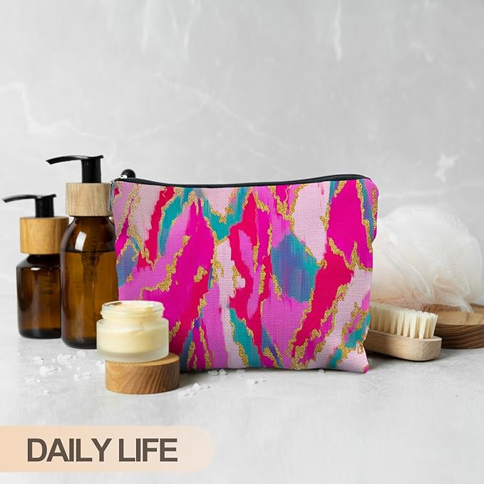 Hot Pink Teal Gold Marble Makeup Bag, Women's Cosmetic Case, Waterproof Linen Bag, Effortless Organization