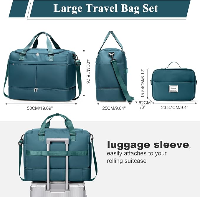 Large Travel Duffel Bag, Weekender Bag for Women with Shoe Compartment & Toiletry Bag, Overnight Carry on Bag for Travel, Gym, Hospital, Business,Peacock Blue