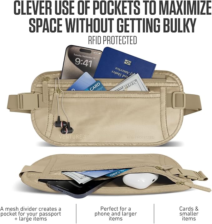 VENTURE 4TH Money Belt for Travel – Hidden Under-Clothes RFID Blocking Passport Holder & Slim Travel Wallet Pouch for Men & Women to Protect Cash, Cards & Documents (Sleek Beige)