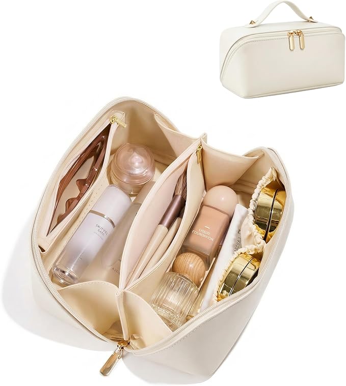 Large Capacity Travel Cosmetic Bag - Portable Makeup Bags for Women Waterproof PU Leather Checkered Makeup Organizer Bag with Dividers and Handle,Toiletry Bag for Cosmetics