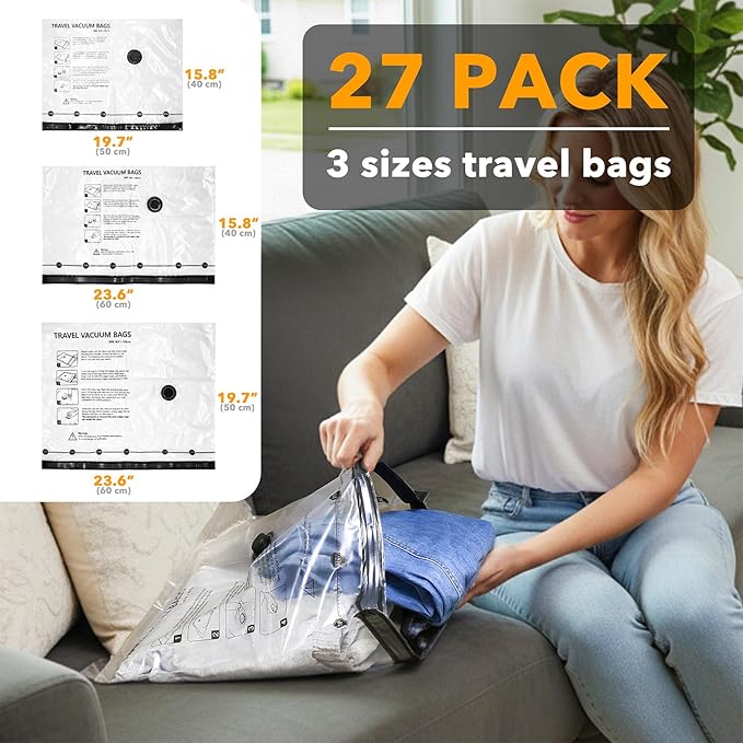 SpaceAid Travel Vacuum Bags for Luggage with Electric Pump, 27 Pack Vacuum Seal Bags for Clothing Travel, Space Saver Compression Bag for Backpack and Suitcase