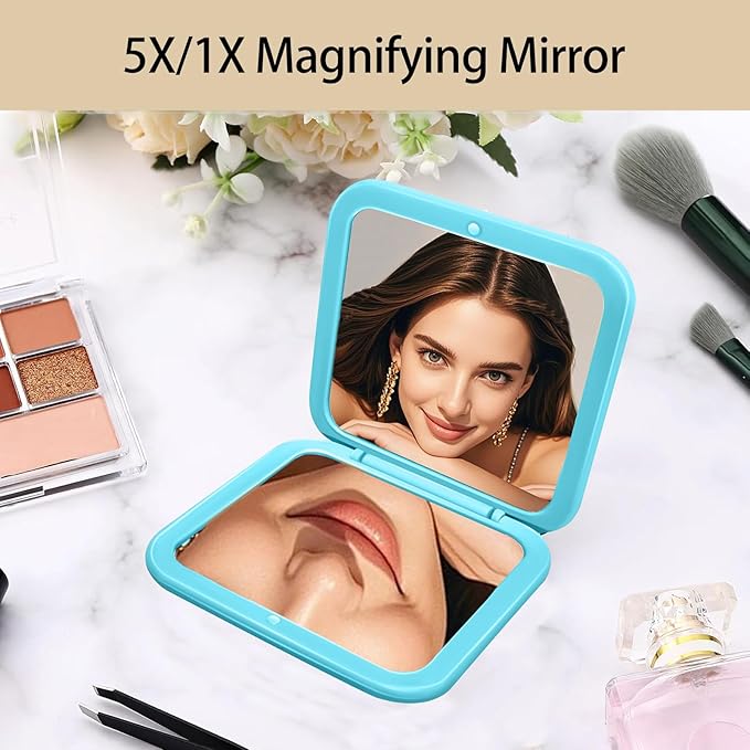 CYHTSHFZ Small Compact Mirror for Purse,5X/1X Travel Magnifying Mirror for Women, Makeup Mirror for Girls, Portable Ultra Slim Pocket Mirror（Light Blue）