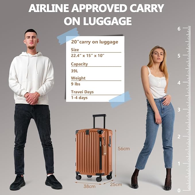 Joyway 20in Carry On Luggage with Cup Holder and USB Port, 25% Expandable Capacity, Smart Suitcase Set with Anti Slip Wheels and Handbag, Perfect for Men and Women (Brown, Carry-On 20-Inch Handbag)