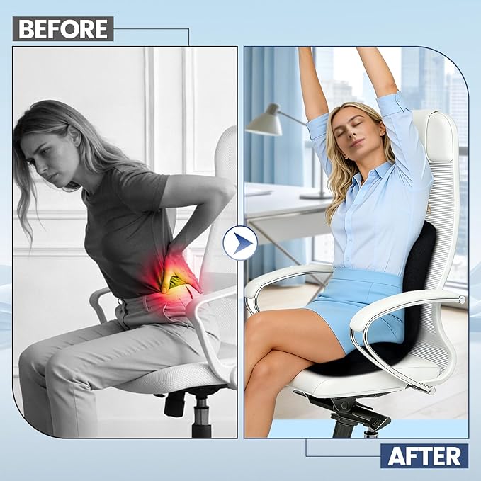 Lumbar Support Seat Cushion - Memory Foam Cushion for Office Chair, Car Seat, Airplane - Sciatica & Hip & Coccyx Pain Relief Desk Chair Cushion for Long Sitting Office Workers, Car Drivers