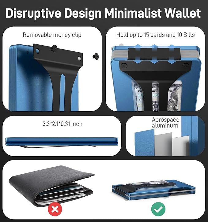 Carbon Fiber Minimalist Wallet for Men Credit Card Holder Money Clip & Cash Strap Slim RFID Mens Wallets-Matt Blue