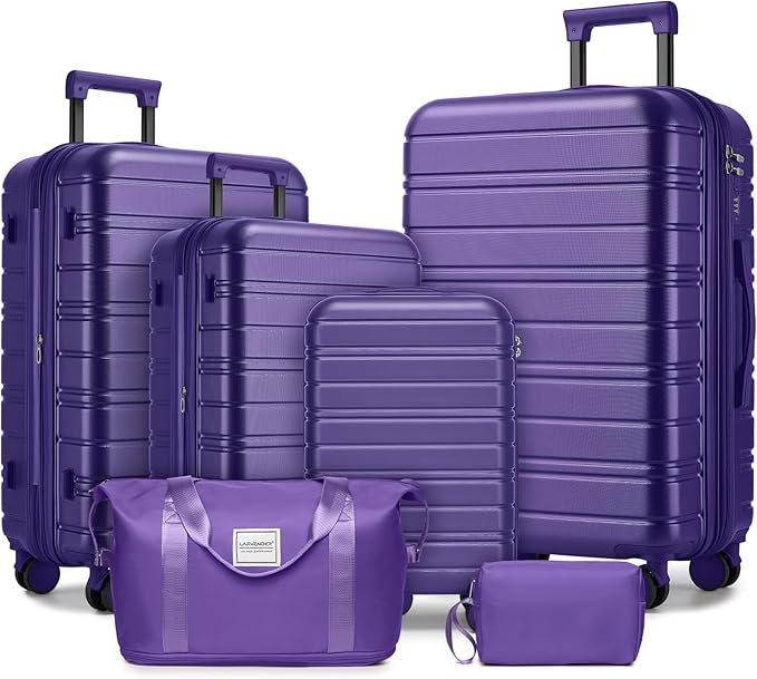 6 Piece Luggage Set Hard Shell - Grape Purple Expandable Suitcases with Spinner Wheels and Duffel Bags for Family Travel, Durable Carry On Luggage Sets with Lock for Women and Men