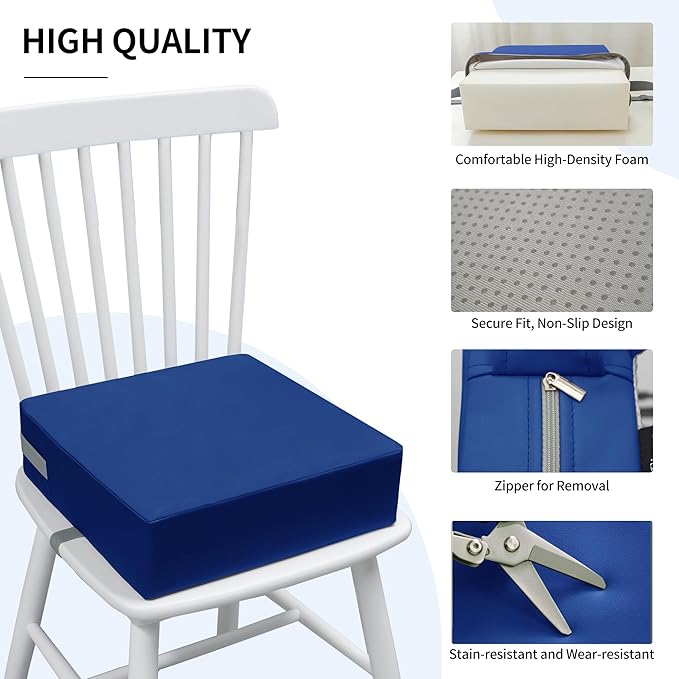 Toddler Booster Seat Dining Table Kitchen Chair, Waterproof Anti-Scratch PU Cushion, Non-Slip Bottom, Adjustable Buckle Straps, Easy Clean Portable Seat Cushion (Dark Blue)