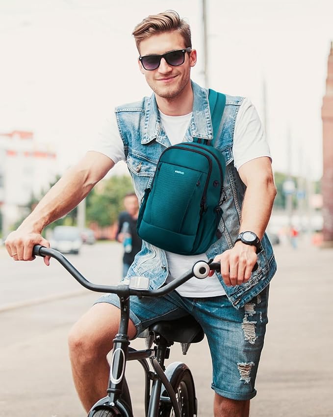 ECOHUB Anti-Theft Crossbody Bag Men Women, RFID Blocking Lightweight Sling Backpack Eco-Friendly with 9 Pockets Sturdy SBS Zippers Water Resistant for Travel Work Hiking Outdoor, Turquoise