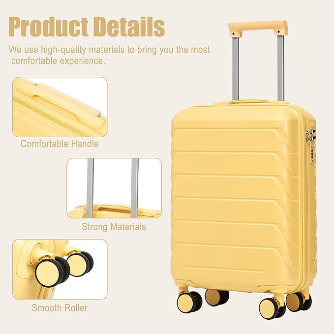 28 Inch Checked-Large Luggage, Lightweight ABS Hard Shell Suitcase with Spinner Wheels, Expandable Travel Luggage with Combination Lock & Side Hooks for Men Women (Yellow, 20)