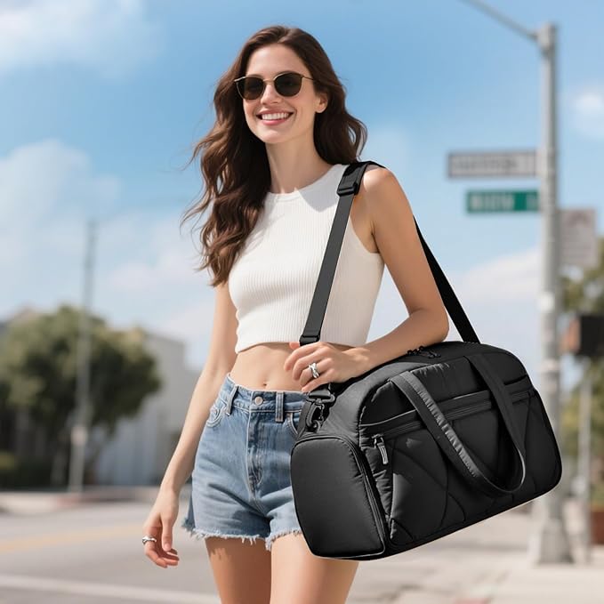 Travel Duffle Bag for Women - Gym Bag With Shoes Compartment & Wet Pocket, Carry On For Weekender, Overnight, Sport(Black)