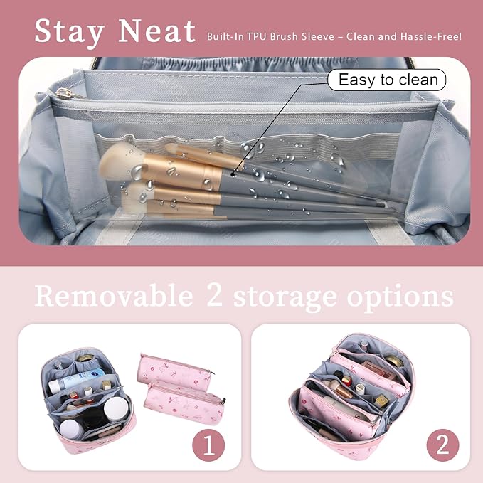 BOYATU Travel Makeup Bag Cosmetic Bags for Women: 3 Pcs Set Portable Make up Bag with Handle - PU Leather Toiletry Bags with Compartments - Makeup Organizer for Travel Essentials(L-5-Pink)