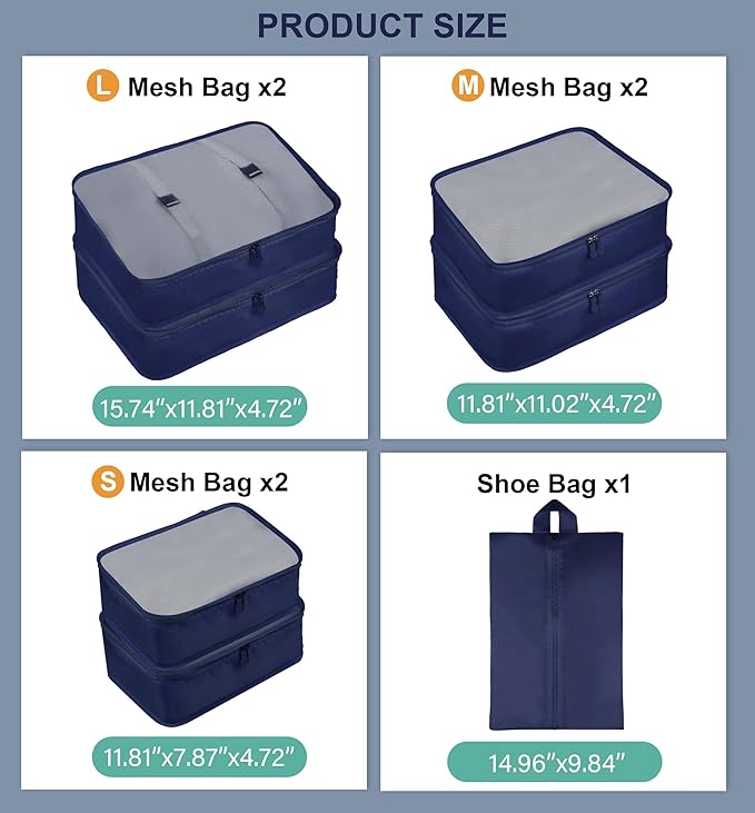 Packing Cubes, 7 Pcs Travel Packing Organizers for Suitcases, Large Capacity Travel Luggage Organizer Set includes 7 Storage Bags, Travel Essentials for Women or Men (Navy)