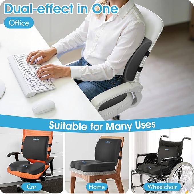 Seat Cushion, Lumbar Support Pillow with Adjustable Strap-Chair Cushions for Sciatica Pain Relief-with Washable Cover Memory Foam for Car, Travel and Wheelchair-Gray