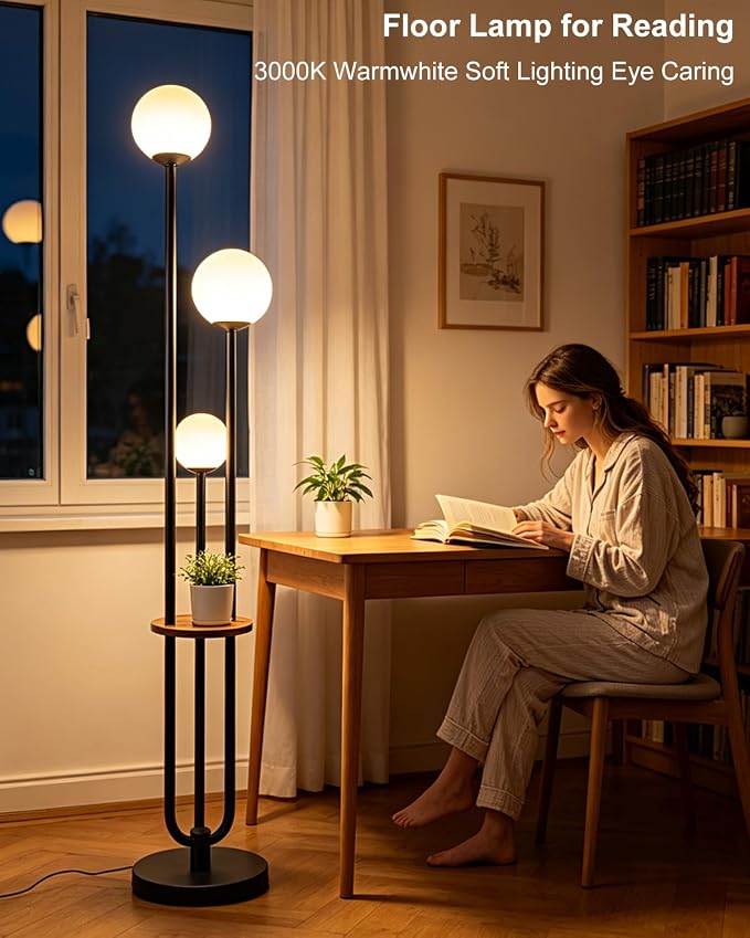 Lightdot Dimmable Floor Lamp for Living Room 3-Globe Standing Lamp with Table Candle Holder Style 3000K Warmwhite Bulbs Included Black Tall Lamps with 5Lbs Heavy Base for Sofa Beside/Corner Decor
