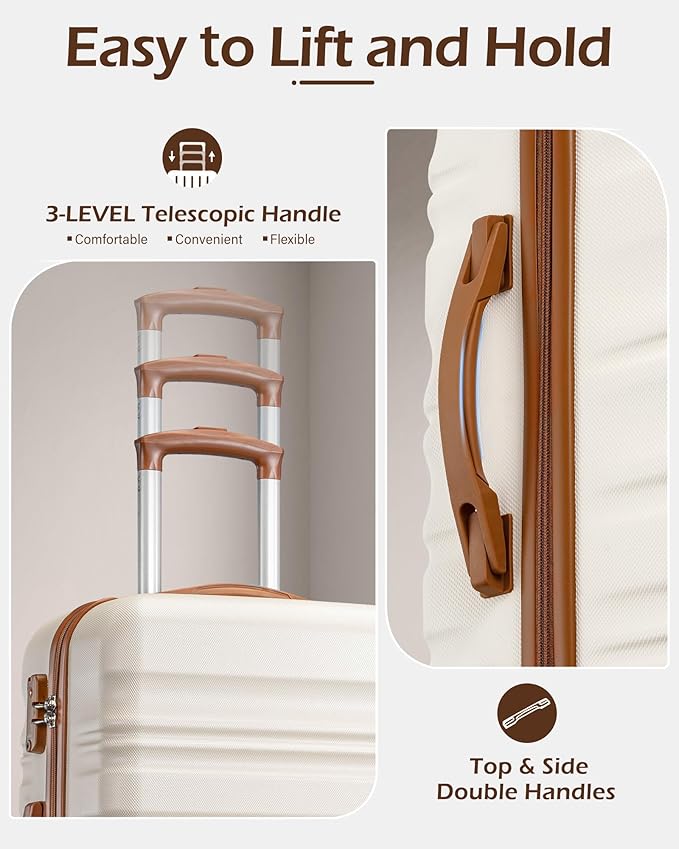 LONG VACATION Carry On Luggage Sets 3 Piece 20 Inch Suitcase Set, ABS+PC Hardshell Lightweight Travel Luggage with Spinner Wheels & YKK Zipper TSA Lock (BEIGE-BROWN, 20 Inch)
