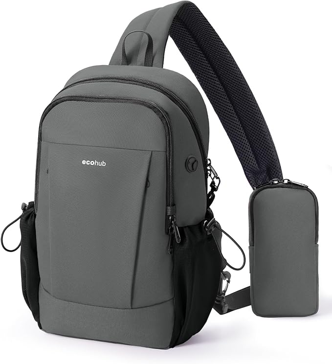 ECOHUB Anti-Theft Crossbody Bag Men Women, RFID Blocking Lightweight Sling Backpack Eco-Friendly with 9 Pockets Sturdy SBS Zippers Water Resistant for Travel Work Hiking Outdoor, Grey