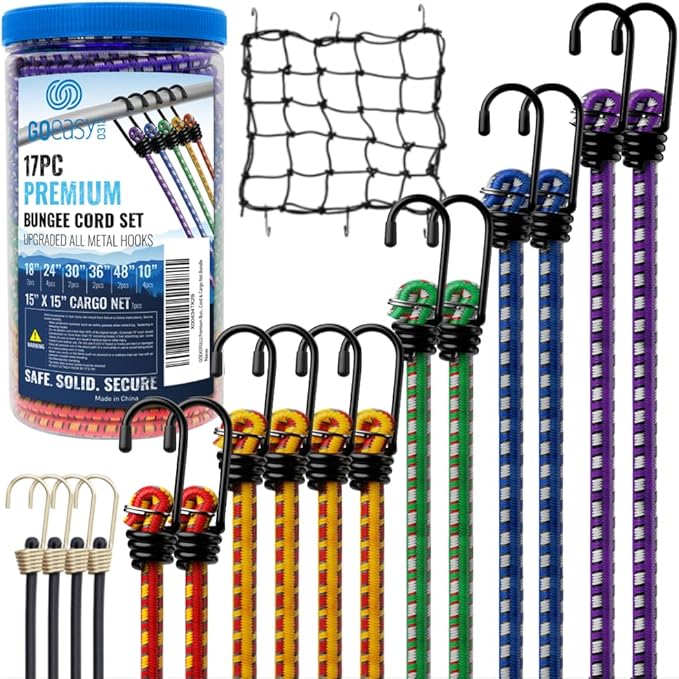 GOEASY0312 Premium Bungee Cords Heavy Duty - 17 Piece Bungee Cords with Hooks in A Storage Jar Includes 10", 18", 24", 30", 36", 48" Bungie Cord & Cargo Net Bundle