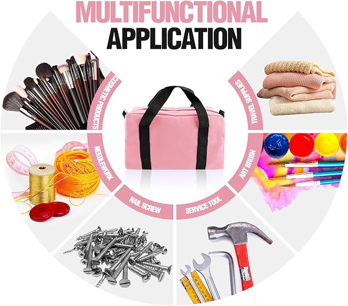 Small Tool Bag, Canvas Tool Storage Bag, Large Capacity Multipurpose Zipper Soft Tote Organizer Pouch for Electrician, Plumbing, Gardening,Tools Bags for Men (Pink, 20 Inch)