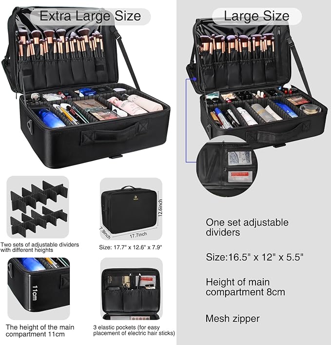 Relavel Extra Large Makeup Case, Makeup Artist Set Bag Professional Cosmetic Organizer Bag Storage Box with Makeup Brush Holder, Adjustable Dividers and Shoulder Strap, Black