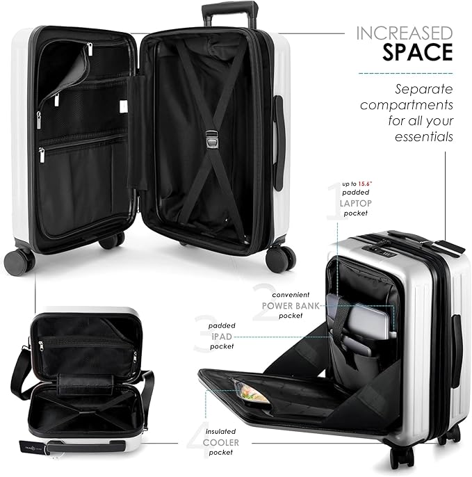 20 Inch Carry On Luggage 22x14x9 Airline Approved, Carry On Suitcase with Wheels, Hard-shell Carry-on Luggage, Durable Luggage Carry On, White Small Suitcase with Cosmetic Carry On Bag