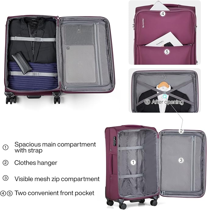 Hanke Softside Expandable 20 Inch Carry On Luggage with Wheels Airline Approved, TSA Luggage Lightweight Rolling Suitcases for Travel Carry On Bag(Purple)