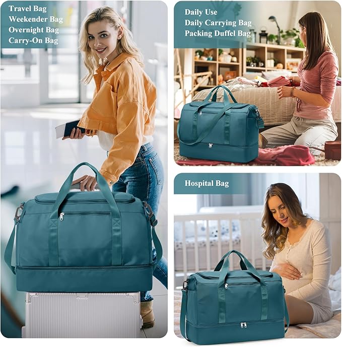 Travel Duffel Bag for Women, Carry-on Overnight Weekender Bags with Wet Pocket & Toiletry Bag, For Spirit Airlines 18x14x8 Personal Item Bag,3 Pcs Set,Small